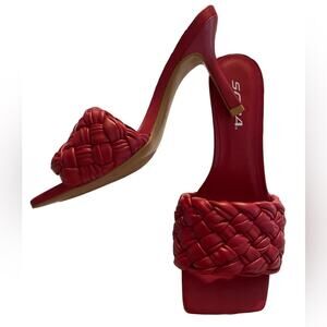 SODA Mule High HEELS Women Size 7 Red Square Toe Braided Stap Classy Elegant